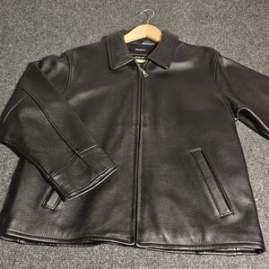 Eddie Bauer Black Leather Biker Jacket with Diagonal Zipper